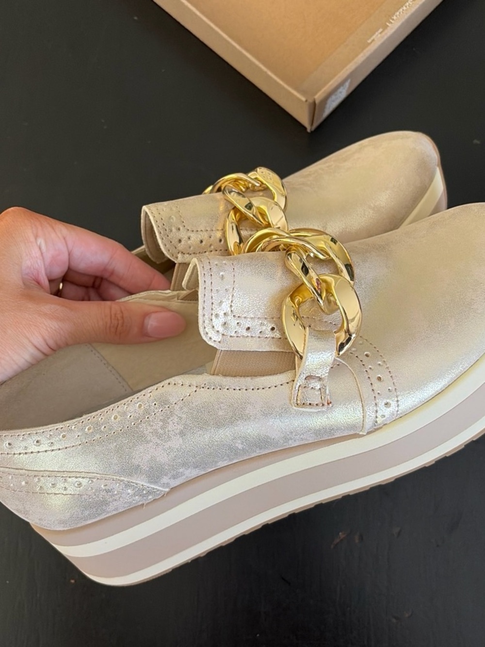 Dolce Vita Cream Metallic Platform Loafers with Gold Chain